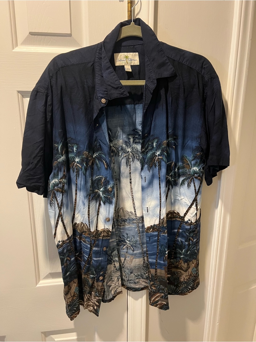 Island Shores Navy Blue Button-Up Shirt with Palm Logo - Hawaiian